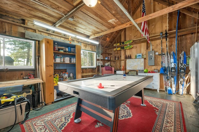 310 Bear Is, Meredith, NH 03253 - playroom featuring wood walls, wood ceiling, electric panel, and lofted ceiling