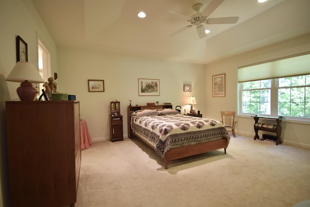 51 Fielding Ln, South Burlington, VT 05403 - bedroom with light carpet, recessed lighting, a tray ceiling, and a ceiling fan