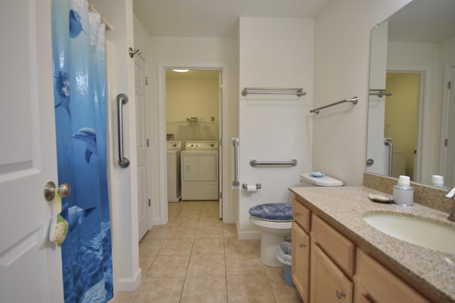 51 Fielding Ln, South Burlington, VT 05403 - bathroom featuring tile patterned floors, washer and clothes dryer, and vanity