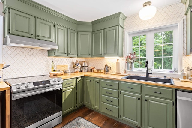 38 Piscataqua Rd, Dover, NH 03820 - kitchen featuring appliances with stainless steel finishes, green cabinets, and butcher block countertops