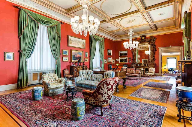 2 Croydon Brook Rd, Newport, NH 03773 - sitting room featuring a chandelier, a high ceiling, coffered ceiling, crown molding, and wood finished floors