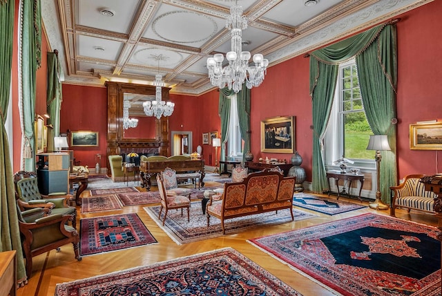 2 Croydon Brook Rd, Newport, NH 03773 - living area featuring a chandelier, ornate columns, ornamental molding, and coffered ceiling