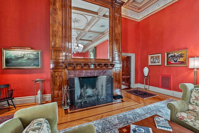 2 Croydon Brook Rd, Newport, NH 03773 - living room with a fireplace, coffered ceiling, a high ceiling, and beamed ceiling
