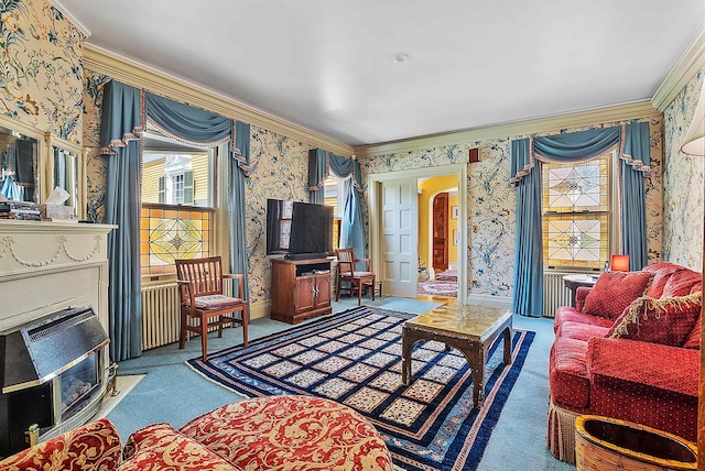 2 Croydon Brook Rd, Newport, NH 03773 - carpeted living area with wallpapered walls, ornamental molding, and arched walkways