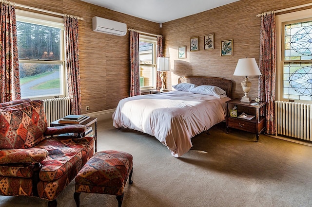 2 Croydon Brook Rd, Newport, NH 03773 - bedroom featuring radiator, a wall mounted AC, carpet flooring, wallpapered walls, and multiple windows