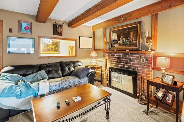 15 Milford St, Amherst, NH 03031 - living room featuring beam ceiling and a brick fireplace
