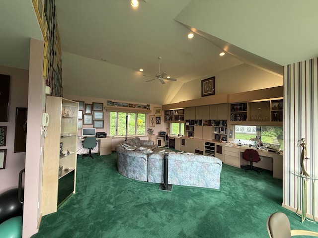 572 Stagecoach Rd, Fayston, VT 05673 - carpeted living room with vaulted ceiling, ceiling fan, built in study area, and recessed lighting