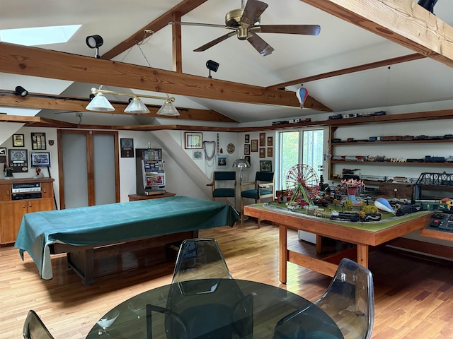 572 Stagecoach Rd, Fayston, VT 05673 - rec room featuring light wood-style floors, a skylight, and ceiling fan
