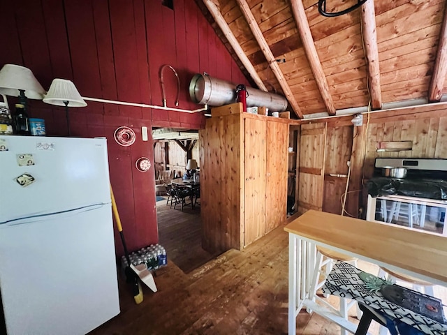 1533 Morey Rd, Sutton, VT 05867 - kitchen featuring freestanding refrigerator, wooden ceiling, hardwood / wood-style floors, and wood walls