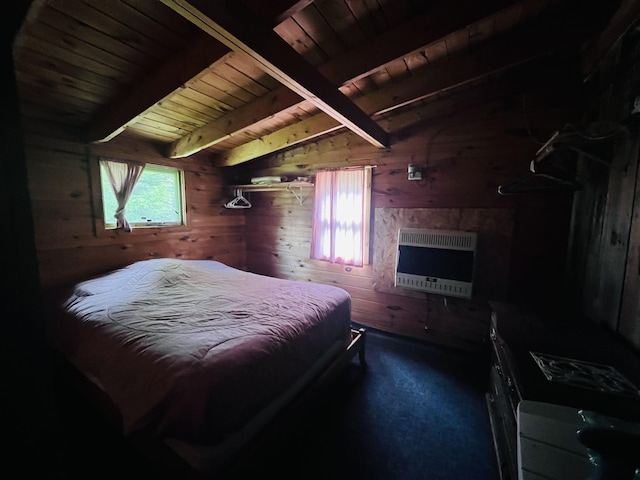 1533 Morey Rd, Sutton, VT 05867 - bedroom with heating unit, a wood ceiling with exposed beams, wood walls, and carpet flooring