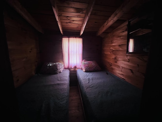 1533 Morey Rd, Sutton, VT 05867 - bedroom with a wood ceiling with exposed beams and wood walls