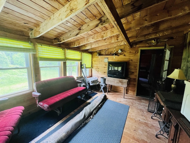 1533 Morey Rd, Sutton, VT 05867 - living room with a wooden ceiling with exposed beams and wooden walls
