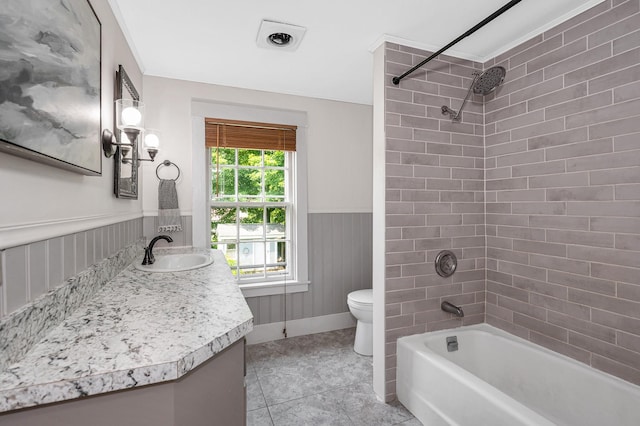 8 Main St, Brookline, NH 03033 - full bathroom with vanity, washtub / shower combination, wainscoting, and tile patterned flooring