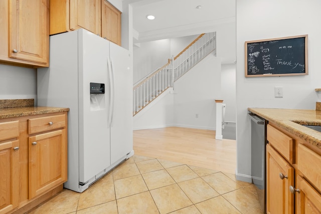 7 Shadow Brook Dr, Hanover, NH 03755 - kitchen featuring white refrigerator with ice dispenser, light tile patterned floors, recessed lighting, light stone countertops, and dishwashing machine