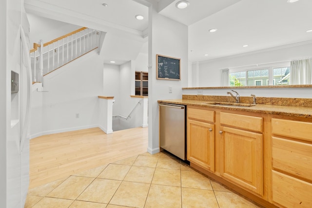 7 Shadow Brook Dr, Hanover, NH 03755 - kitchen featuring stainless steel dishwasher, light stone countertops, crown molding, recessed lighting, and light wood-type flooring