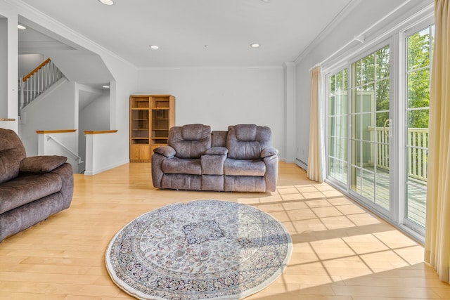 7 Shadow Brook Dr, Hanover, NH 03755 - living room featuring wood finished floors, baseboard heating, crown molding, stairway, and recessed lighting