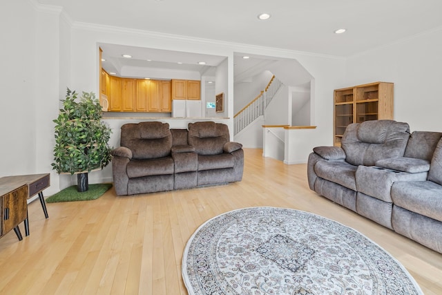 7 Shadow Brook Dr, Hanover, NH 03755 - living area featuring light wood finished floors, recessed lighting, stairway, and ornamental molding