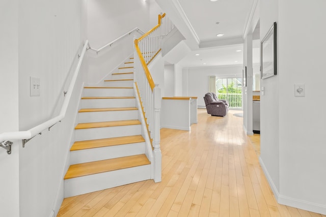 7 Shadow Brook Dr, Hanover, NH 03755 - stairs with wood finished floors, recessed lighting, and crown molding
