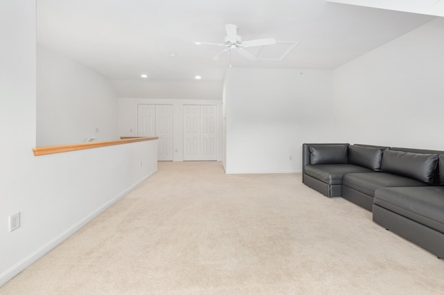 7 Shadow Brook Dr, Hanover, NH 03755 - living room featuring light colored carpet, recessed lighting, ceiling fan, and attic access