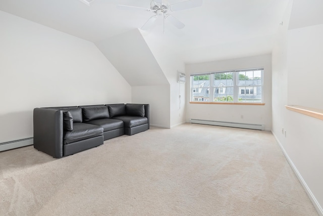 7 Shadow Brook Dr, Hanover, NH 03755 - carpeted living room with a baseboard radiator, a ceiling fan, and lofted ceiling