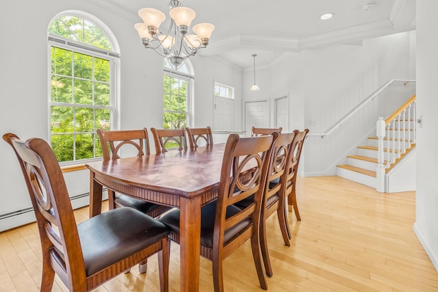 7 Shadow Brook Dr, Hanover, NH 03755 - dining room with ornamental molding, light wood-type flooring, a chandelier, stairs, and recessed lighting