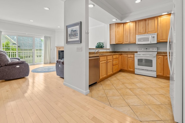 7 Shadow Brook Dr, Hanover, NH 03755 - kitchen with white appliances, ornamental molding, open floor plan, recessed lighting, and light wood-style flooring