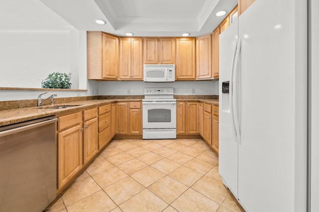 7 Shadow Brook Dr, Hanover, NH 03755 - kitchen with white appliances, recessed lighting, a raised ceiling, ornamental molding, and light tile patterned floors