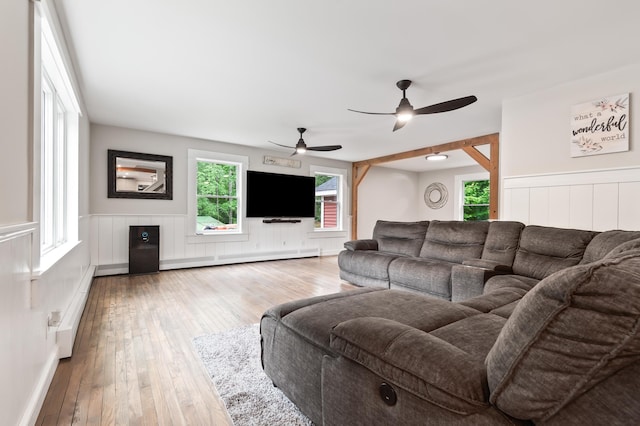 6 Rainbow Dr, Ossipee, NH 03864 - living area featuring a wainscoted wall, hardwood / wood-style floors, a ceiling fan, and baseboard heating