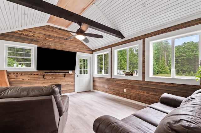 6 Rainbow Dr, Ossipee, NH 03864 - living room featuring wood walls, healthy amount of natural light, wood ceiling, ceiling fan, and light wood-type flooring