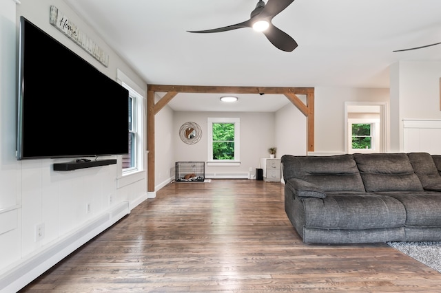 6 Rainbow Dr, Ossipee, NH 03864 - living room with a ceiling fan, wood finished floors, and baseboard heating
