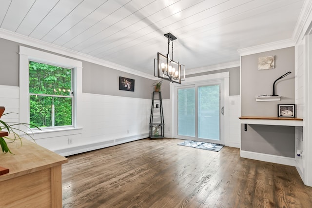 6 Rainbow Dr, Ossipee, NH 03864 - unfurnished dining area featuring a chandelier, wainscoting, ornamental molding, and wood finished floors