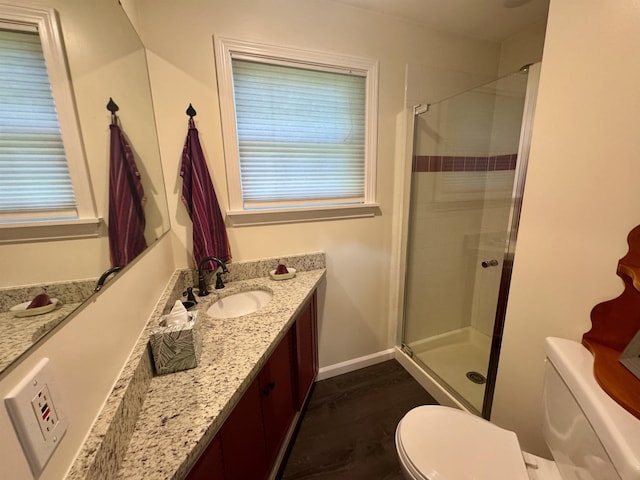 653 Skyboro E Rd, Pownal, VT 05261 - bathroom featuring vanity, a shower stall, and wood finished floors
