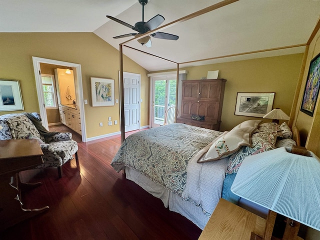 653 Skyboro E Rd, Pownal, VT 05261 - bedroom featuring vaulted ceiling, wood finished floors, access to exterior, ceiling fan, and ensuite bathroom