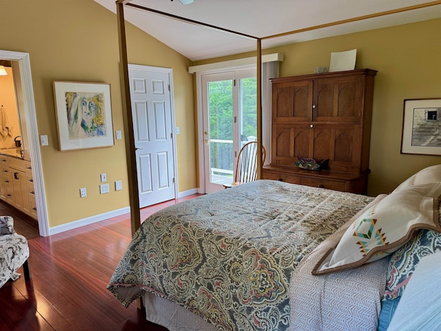 653 Skyboro E Rd, Pownal, VT 05261 - bedroom featuring access to exterior, dark wood-style flooring, lofted ceiling, and ensuite bath