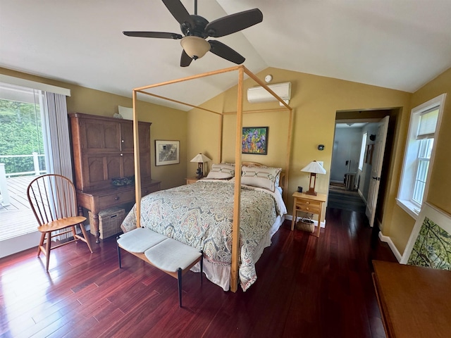 653 Skyboro E Rd, Pownal, VT 05261 - bedroom with wood finished floors, lofted ceiling, access to outside, and a ceiling fan