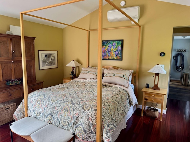 653 Skyboro E Rd, Pownal, VT 05261 - bedroom featuring an AC wall unit, wood finished floors, and lofted ceiling
