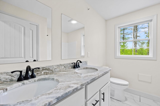 2 Gridley Rd, Warner, NH 03278 - bathroom with double vanity and marble finish flooring