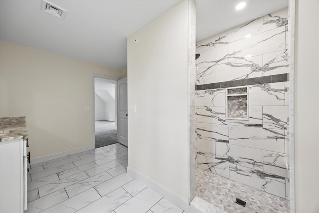 2 Gridley Rd, Warner, NH 03278 - full bath with marble look tile flooring, a marble finish shower, vanity, and recessed lighting