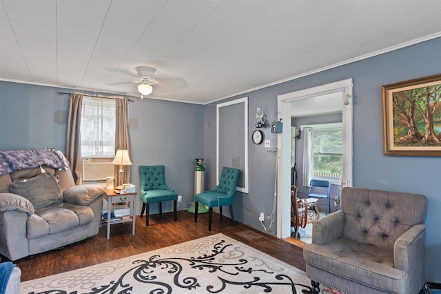 3123 Carter Hill Rd, Highgate, VT 05488 - living area featuring cooling unit, healthy amount of natural light, wood finished floors, ceiling fan, and ornamental molding
