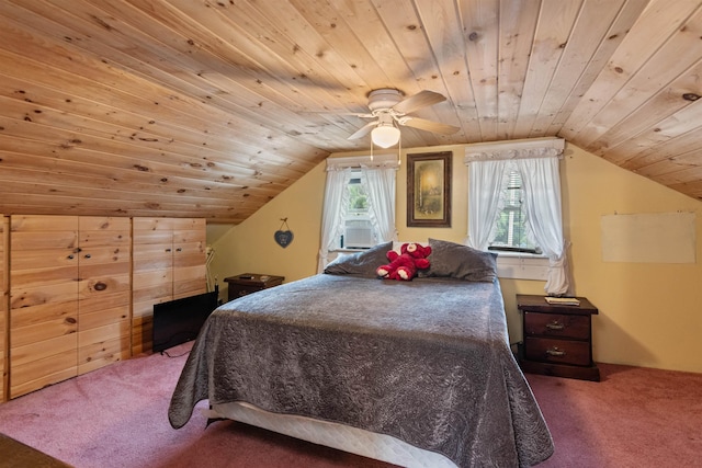 3123 Carter Hill Rd, Highgate, VT 05488 - carpeted bedroom featuring wood ceiling, vaulted ceiling, cooling unit, and a ceiling fan