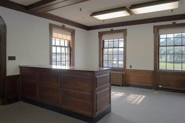 18 Bridge St, Rockingham, VT 05101 - unfurnished office featuring arched walkways, radiator heating unit, a wainscoted wall, light colored carpet, and ornamental molding