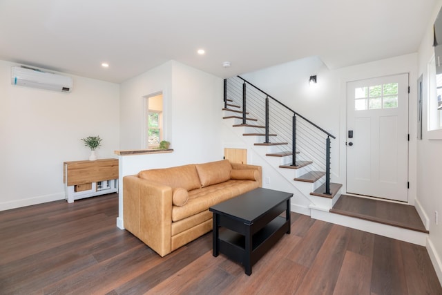 427 Weirs Blvd Unit 3, Laconia, NH 03246 - living room with a wall mounted AC, wood finished floors, stairs, and recessed lighting