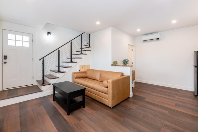 427 Weirs Blvd Unit 3, Laconia, NH 03246 - living area featuring a wall mounted air conditioner, stairway, dark wood-type flooring, and recessed lighting