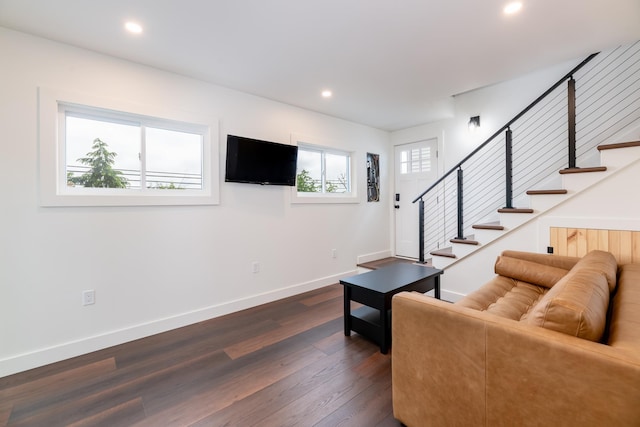 427 Weirs Blvd Unit 3, Laconia, NH 03246 - living area with dark wood finished floors, recessed lighting, and stairway