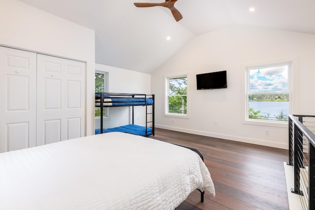 427 Weirs Blvd Unit 3, Laconia, NH 03246 - bedroom featuring dark wood finished floors, lofted ceiling, recessed lighting, a closet, and ceiling fan