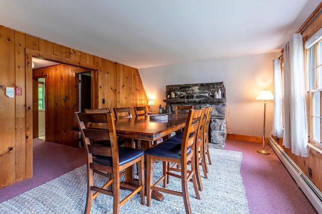 7271 Windham Hill Rd, Windham, VT 05359 - dining room with baseboard heating, carpet floors, and wooden walls