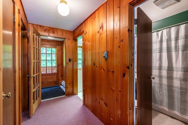 7271 Windham Hill Rd, Windham, VT 05359 - hallway with wood walls and carpet flooring