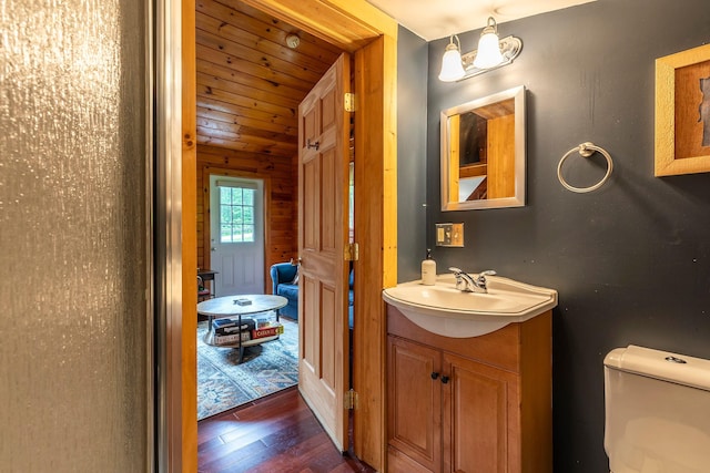 7271 Windham Hill Rd, Windham, VT 05359 - bathroom with vanity, wood finished floors, lofted ceiling, and wood ceiling