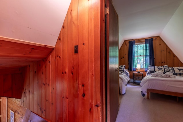 7271 Windham Hill Rd, Windham, VT 05359 - bedroom featuring lofted ceiling, wooden walls, and carpet flooring
