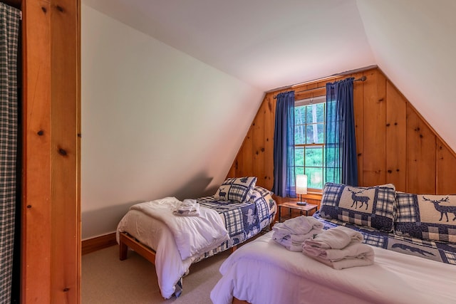 7271 Windham Hill Rd, Windham, VT 05359 - bedroom with vaulted ceiling, carpet floors, and wood walls